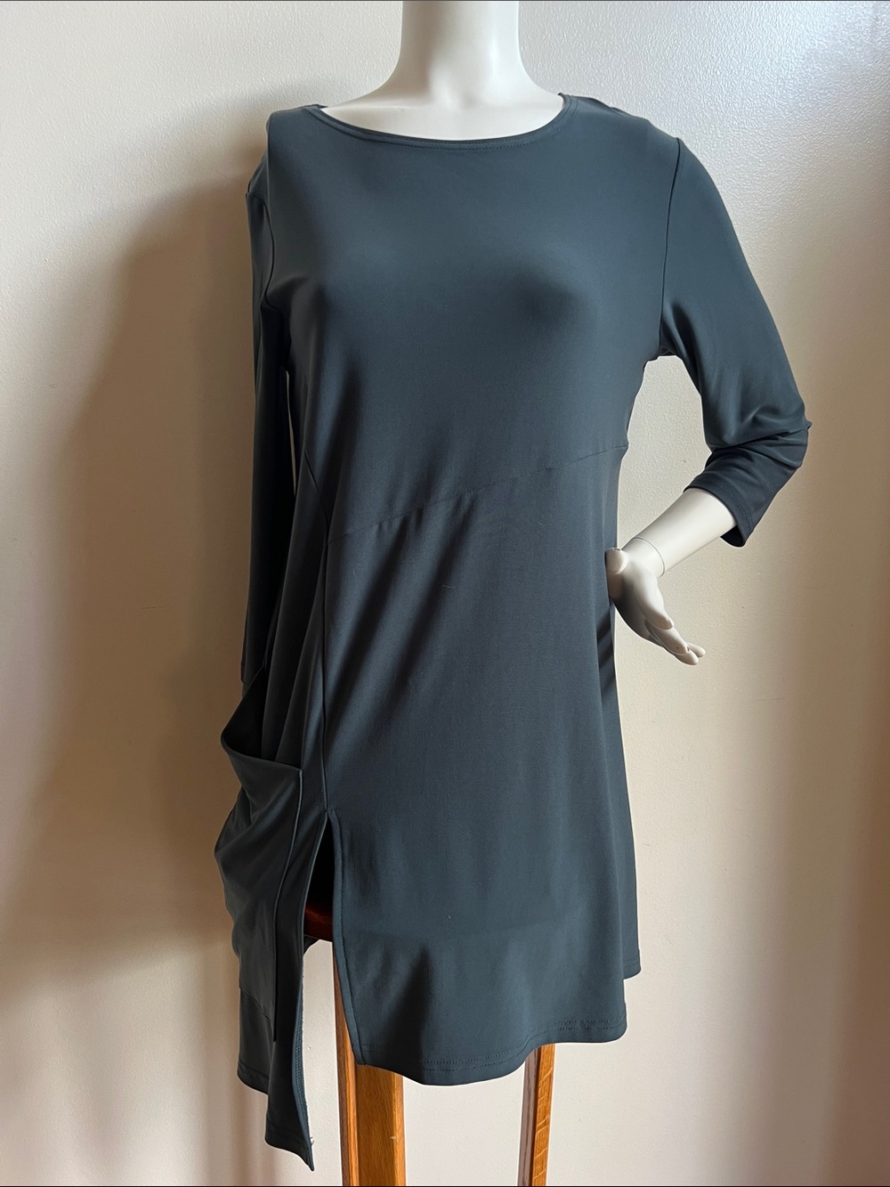 Sympli Slate green lagenlook asymmetrical 3/4 Sleeve Tunic Dress